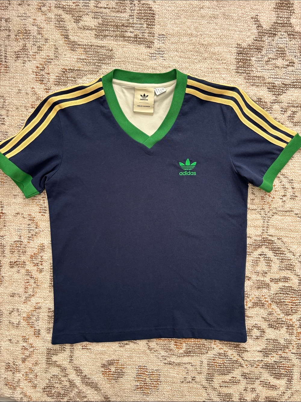 adidas x Wales Bonner Navy Tee with Green Trim and Yellow Stripes - Size Small
